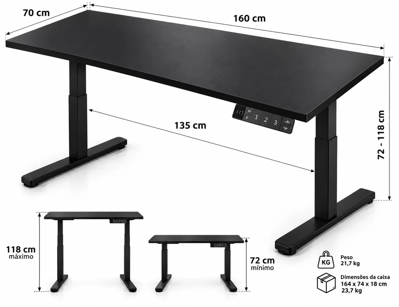 Diagrama com as medidas da mesa: 160 × 70 cm, altura de 72 a 118 cm, 135 cm entre as colunas
