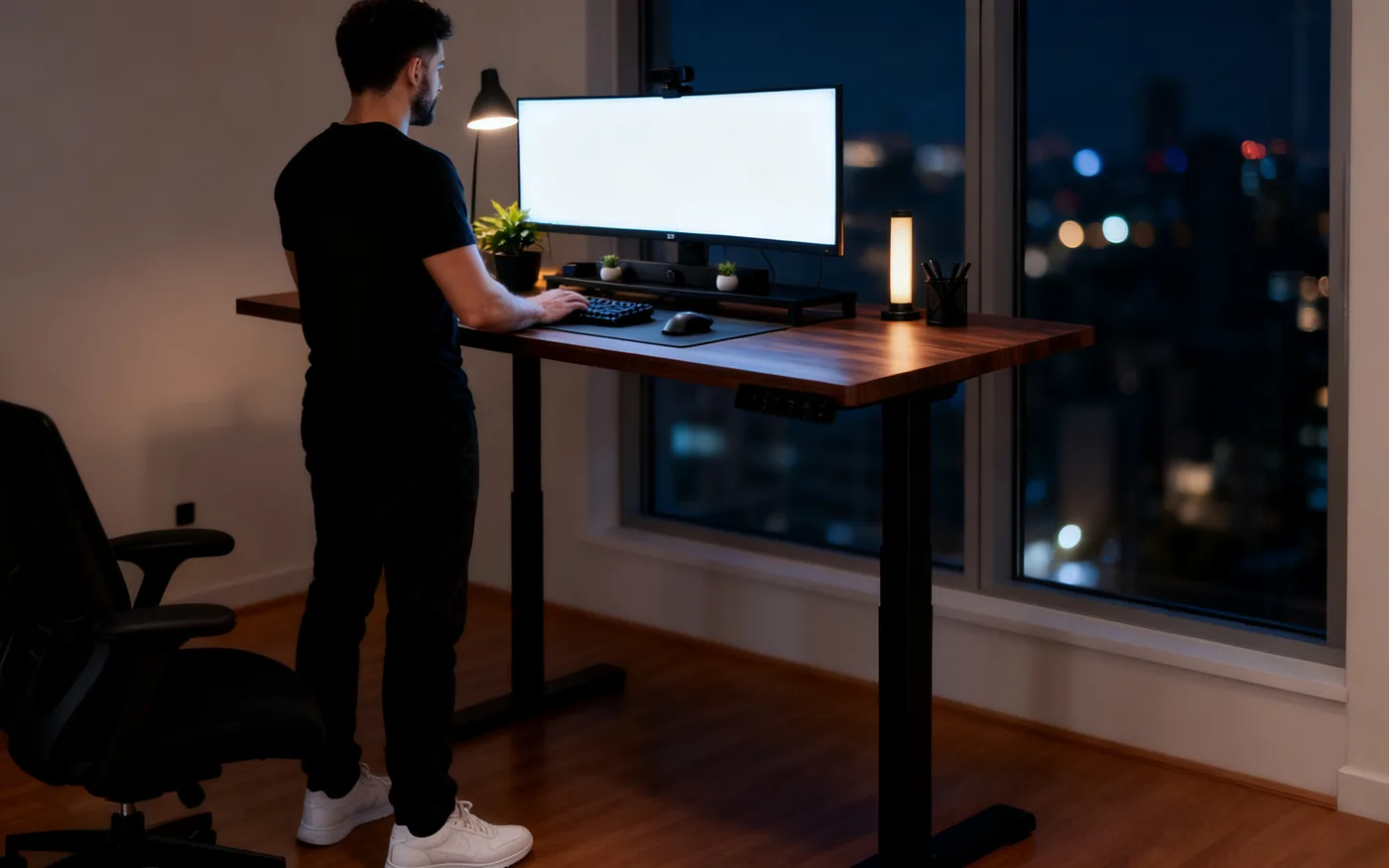 Homem trabalhando em pé na mesa Nogueira à noite